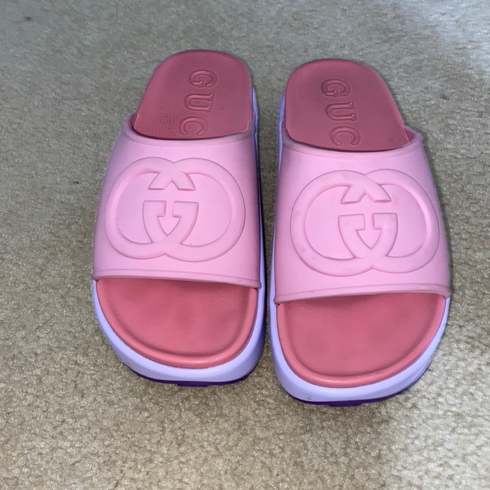 Pink & purple Gucci platform slides